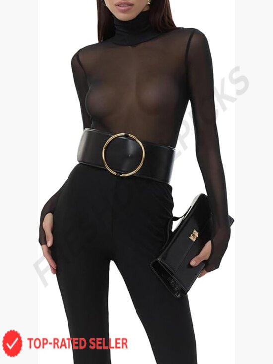 Tops - Sheer Mesh Long Sleeve Turtleneck Crop Top Fitted Thumbholes Lightweight